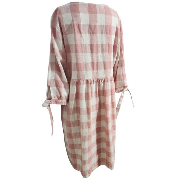 Hidden Alley Pink White Plaid Cottagecore Prairie Dress Short Tie Sleeve Maxi - Picture 6 of 10